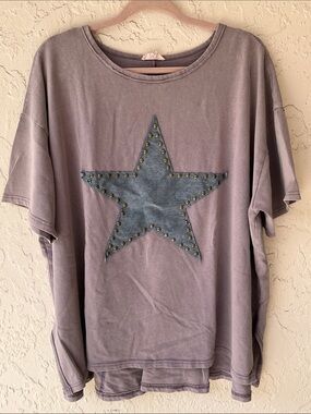 Easel Dusty Lavender Gun Metal Studded Denim Star Oversized Tee w/Short Sleeves